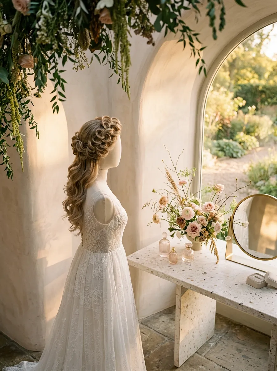 Layered Curl Halo bridal hairstyle idea for wedding hairstyles for layers that add movement with elegant textured finish