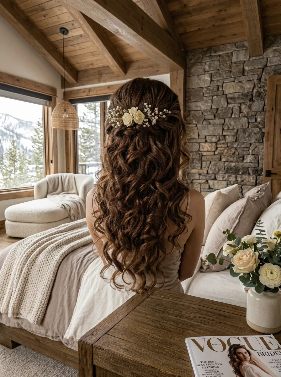 Layered Curls Down bridal hairstyle idea for long layered hair wedding hairstyles to try now with elegant textured finish