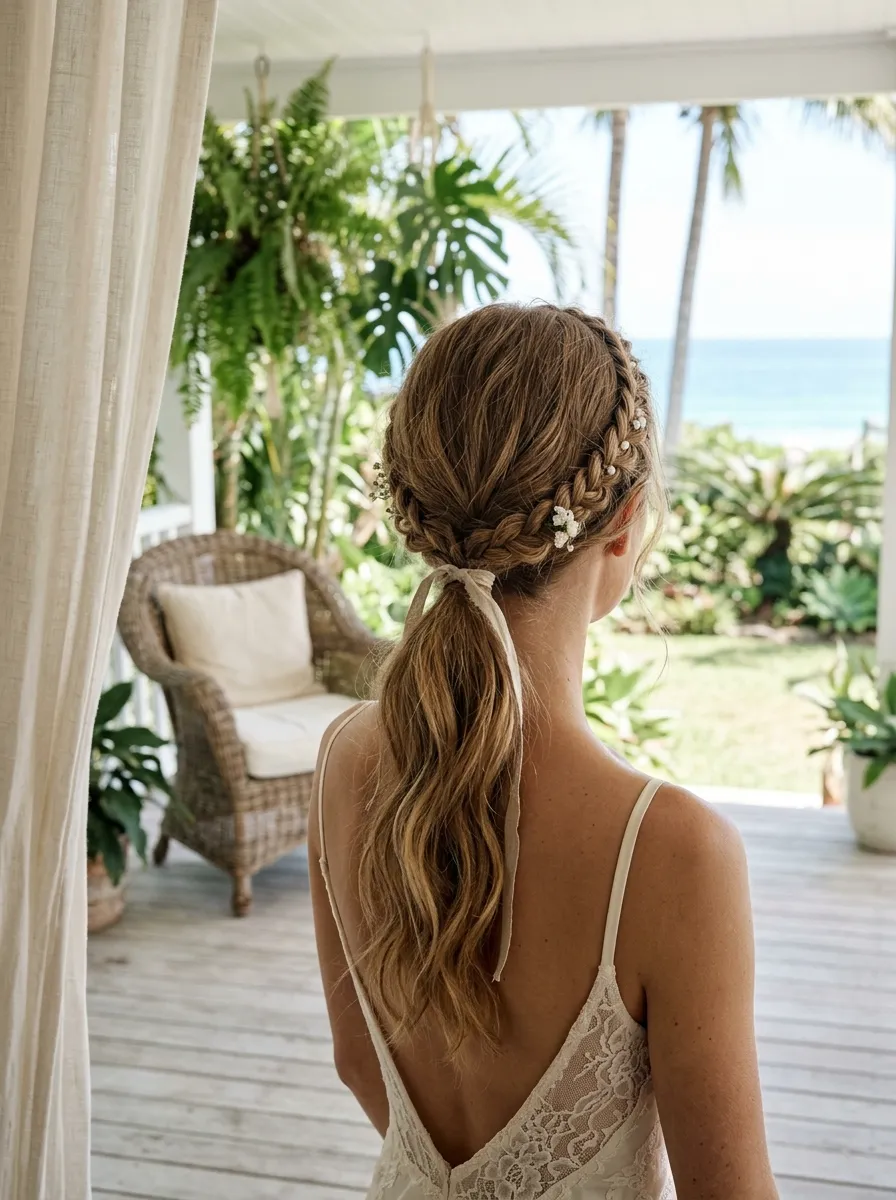 Lightweight Braided Crown bridal hairstyle idea for destination wedding hairstyles that beat the heat with elegant textured finish