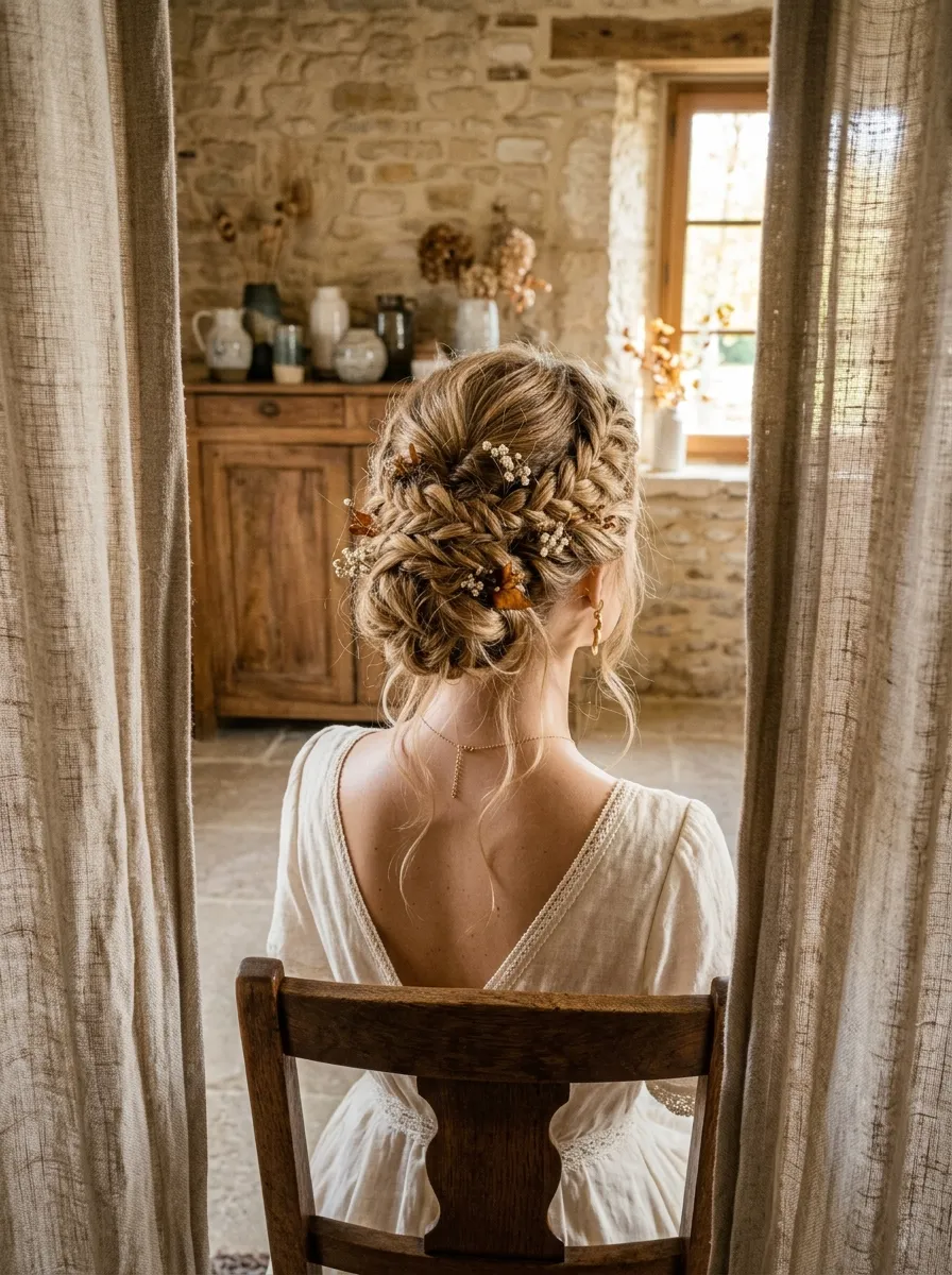 Loose Braided Updo bridal hairstyle idea for long layered hair wedding hairstyles to try now with elegant textured finish