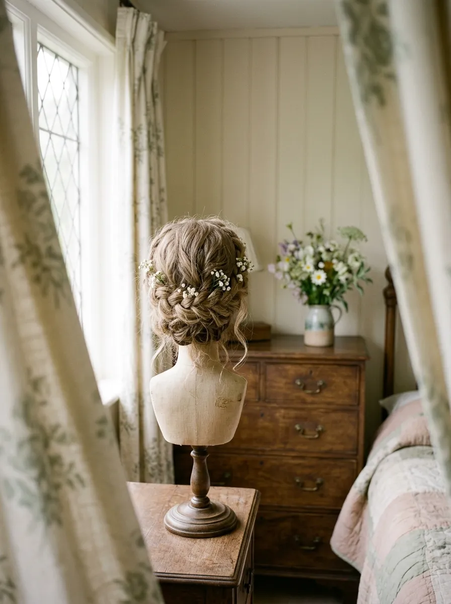 Loose Crown Braid bridal hairstyle idea for wedding hairstyles for chubby face brides will love with elegant textured finish