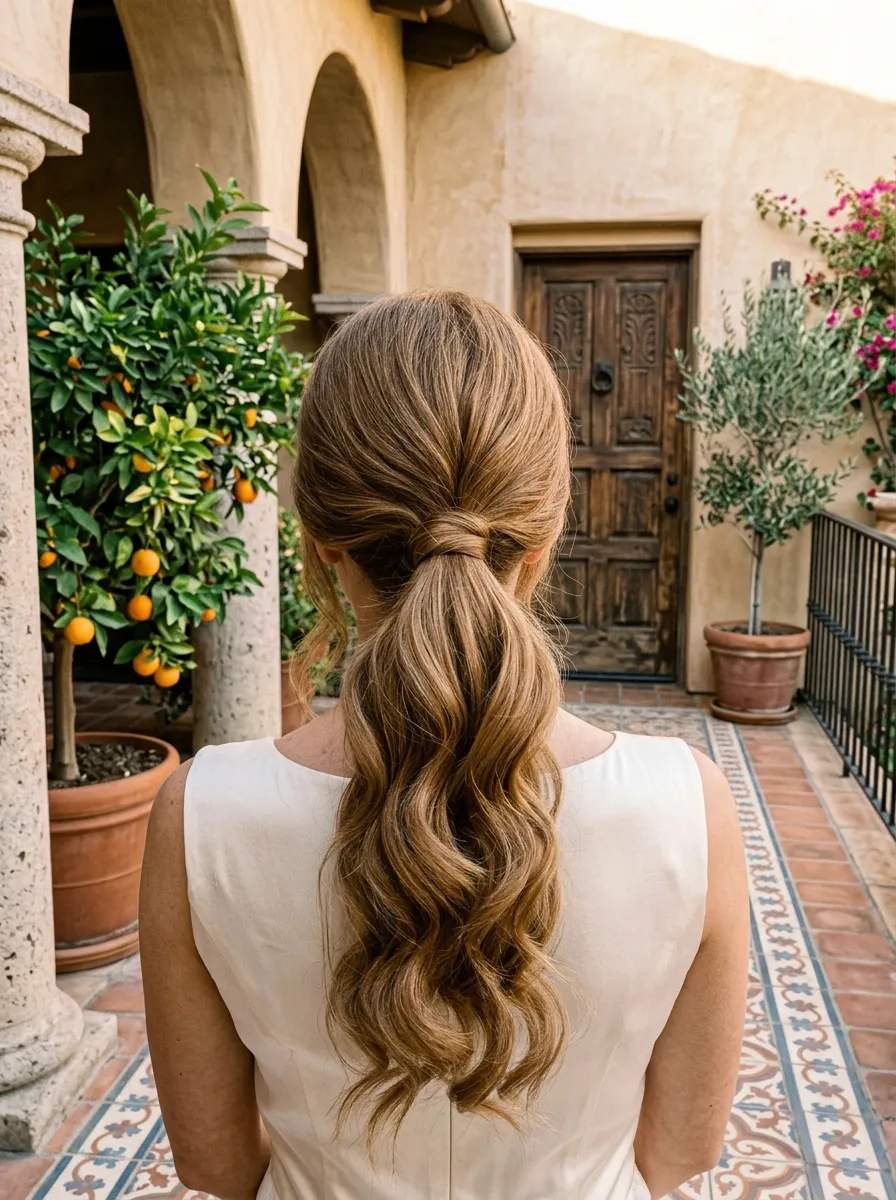 Loose Curl Ponytail bridal hairstyle idea for loose curl wedding hairstyles for soft bridal waves with elegant textured finish