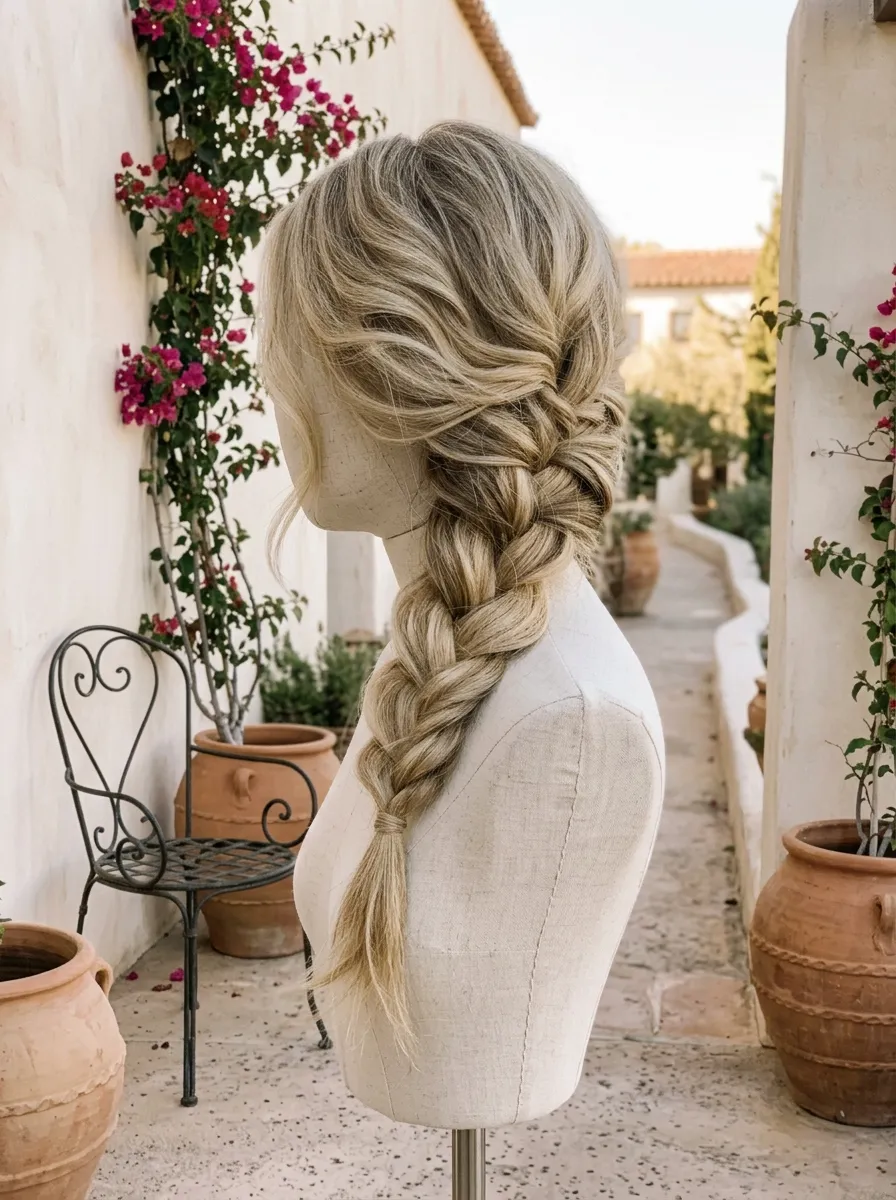 Loose Side Braid bridal hairstyle idea for wedding hairstyles for chubby face brides will love with elegant textured finish