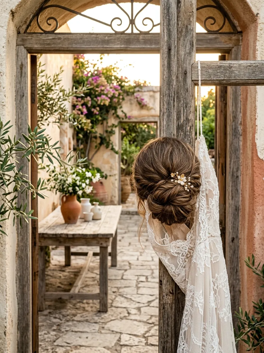 Loose Twisted Bun bridal hairstyle idea for casual wedding hairstyles for a laid-back bride with elegant textured finish
