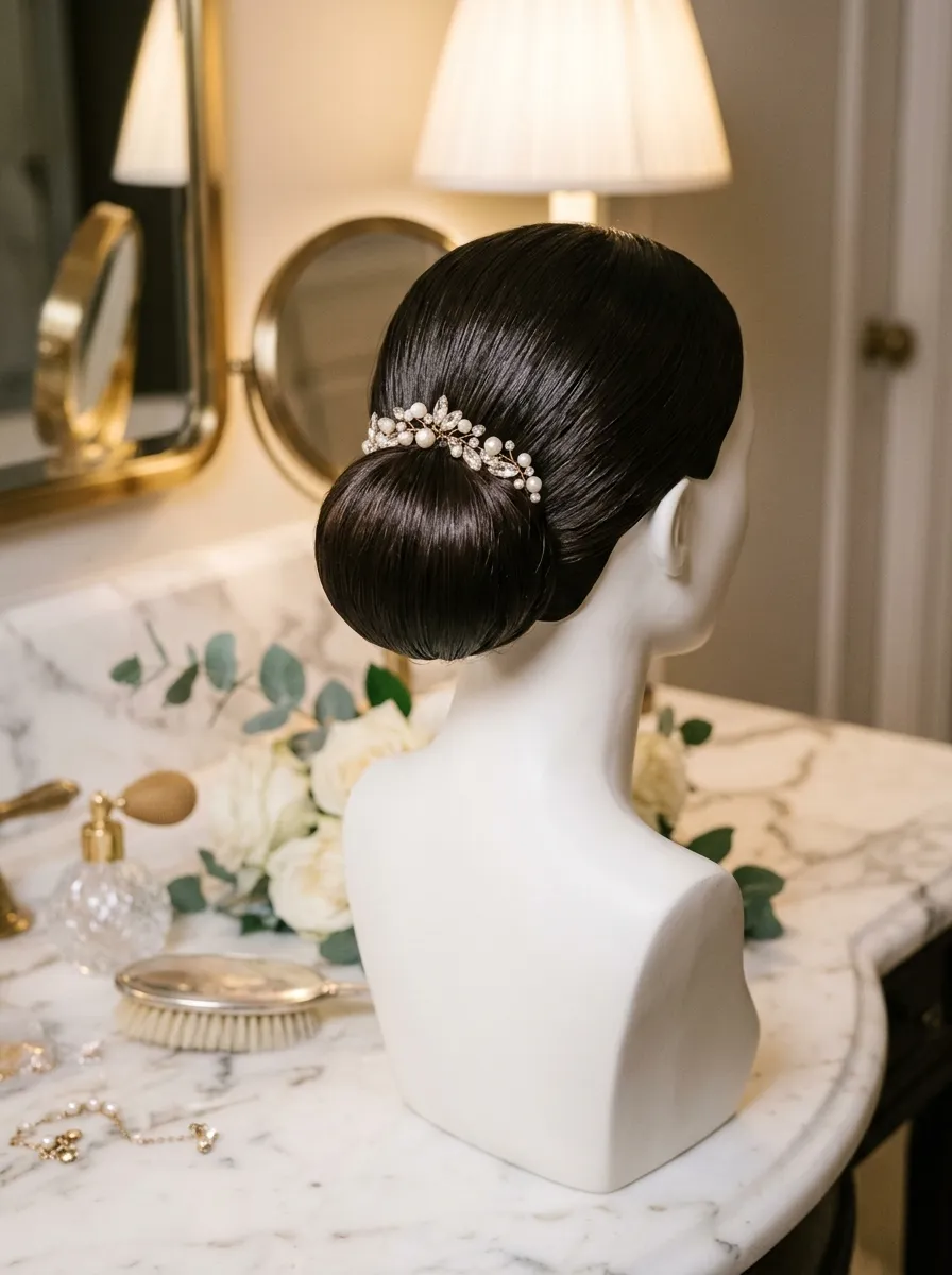 Low Bun Tendrils bridal hairstyle idea for humid weather wedding hairstyles that never frizz with elegant textured finish
