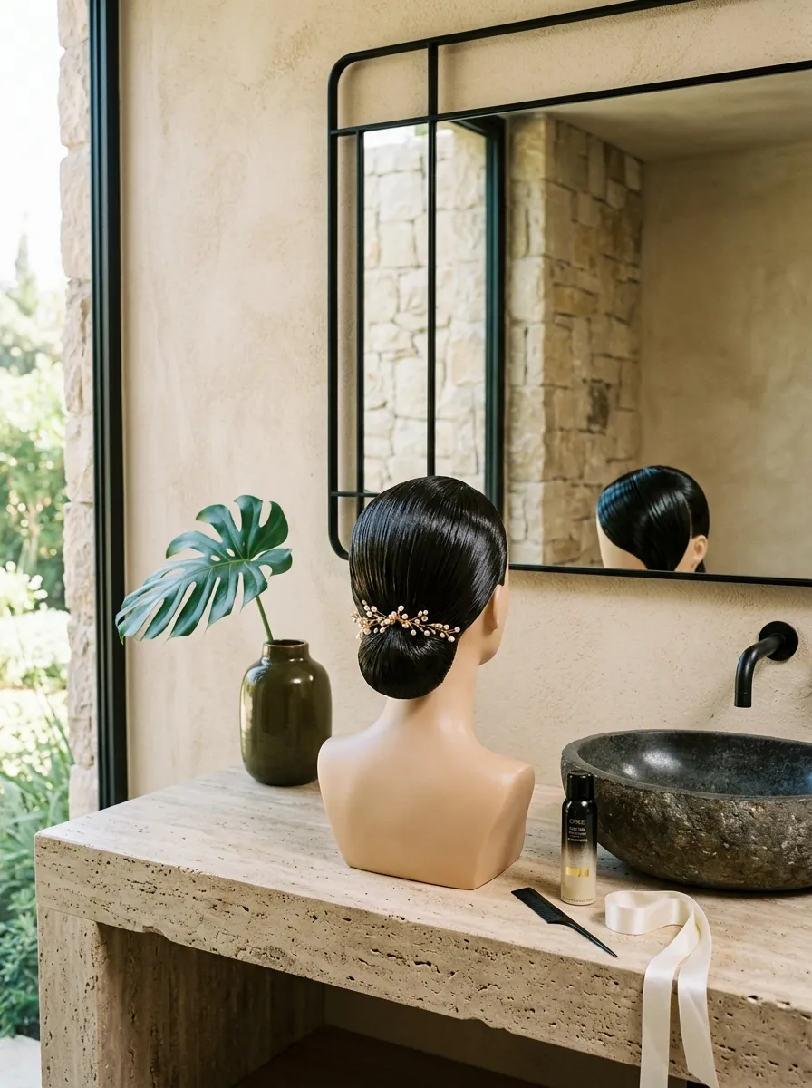 Low Bun Twist bridal hairstyle idea for humid weather wedding hairstyles that never frizz with elegant textured finish