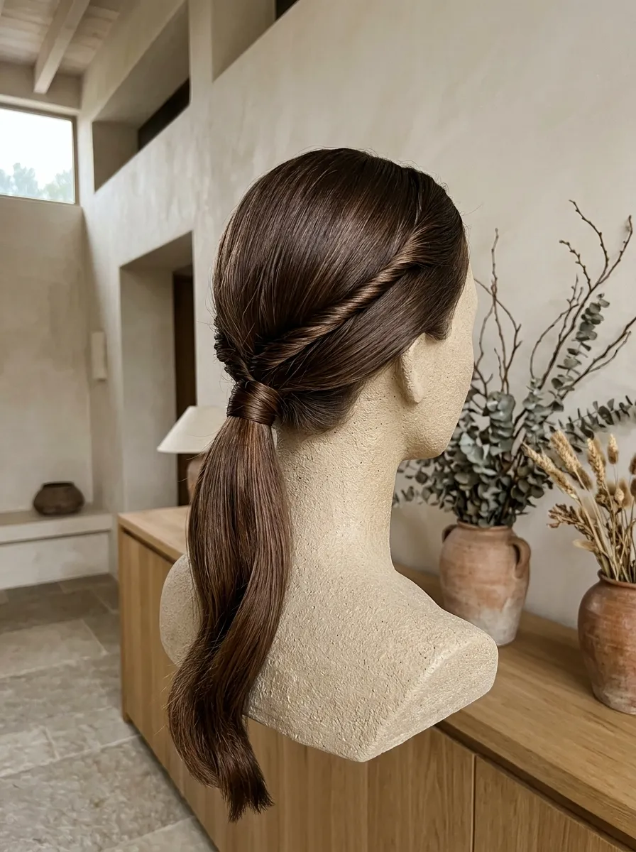Low Pony Twist Detail bridal hairstyle idea for sleek low ponytail wedding hairstyles to copy now with elegant textured finish
