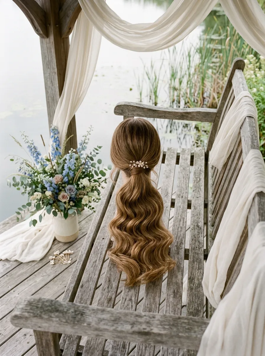 Low Pony Waves bridal hairstyle idea for sleek low ponytail wedding hairstyles to copy now with elegant textured finish