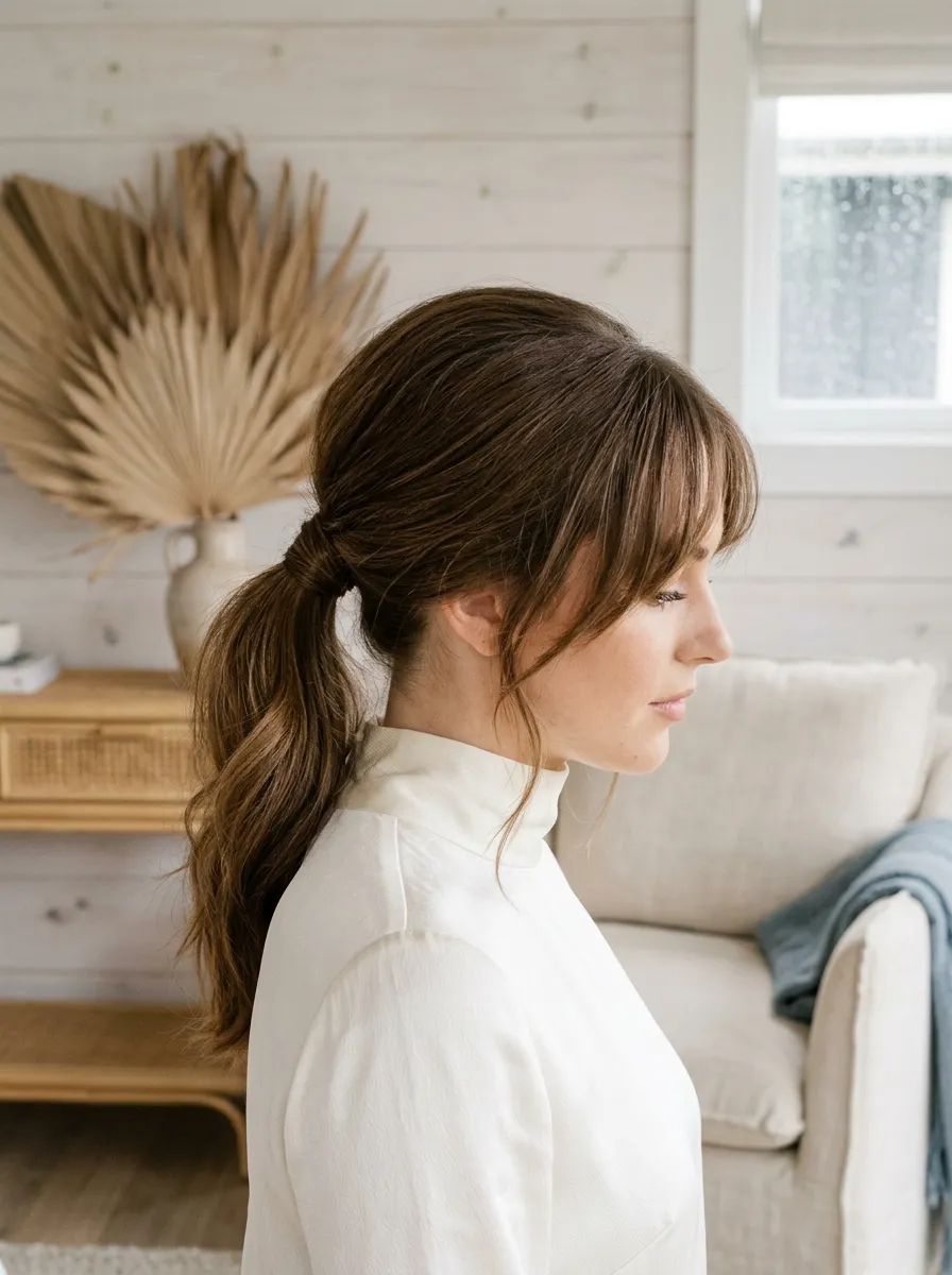 Low Pony With Bangs bridal hairstyle idea for sleek low ponytail wedding hairstyles to copy now with elegant textured finish