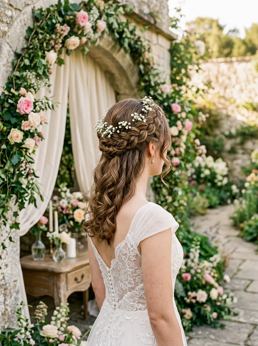 Medium Braided Crown bridal hairstyle idea for medium length wedding hairstyles for any bride with elegant textured finish