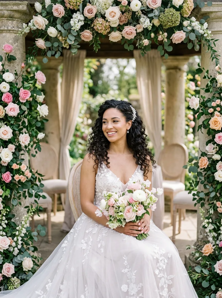 Medium Curl Half Down bridal hairstyle idea for medium length wedding hairstyles for any bride with elegant textured finish