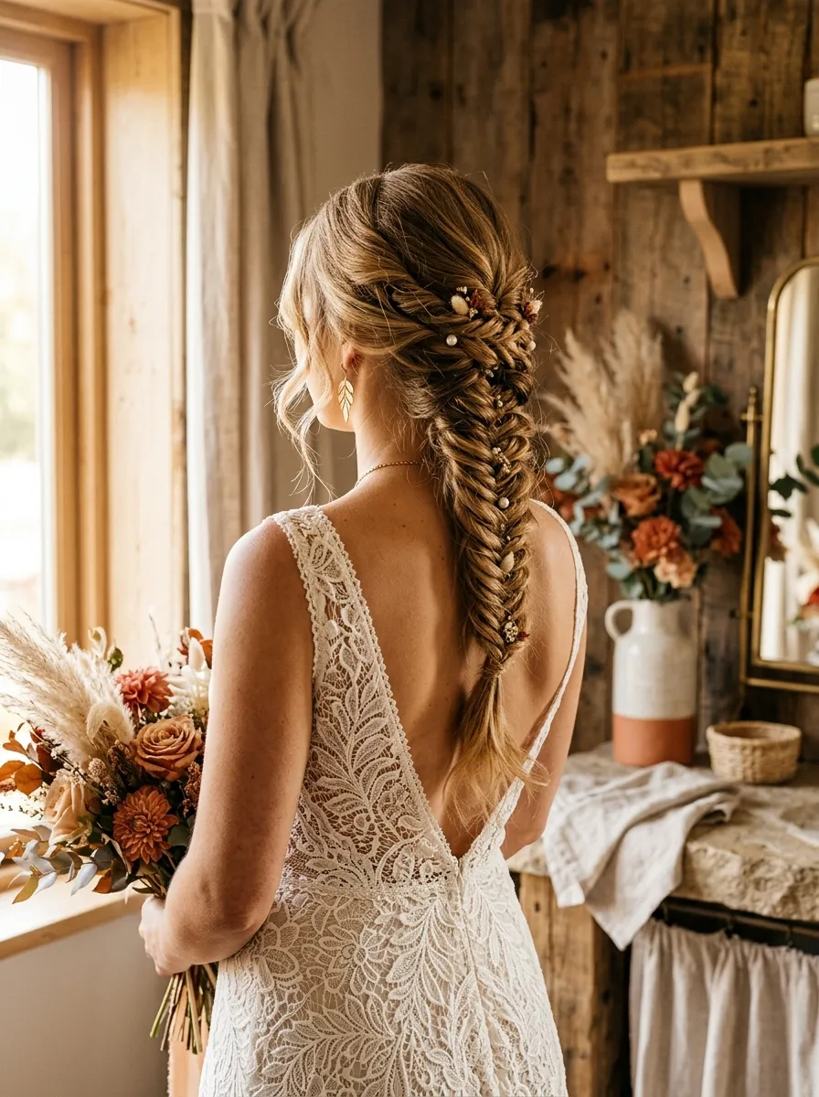 Medium Fishtail Braid bridal hairstyle idea for medium length wedding hairstyles for any bride with elegant textured finish