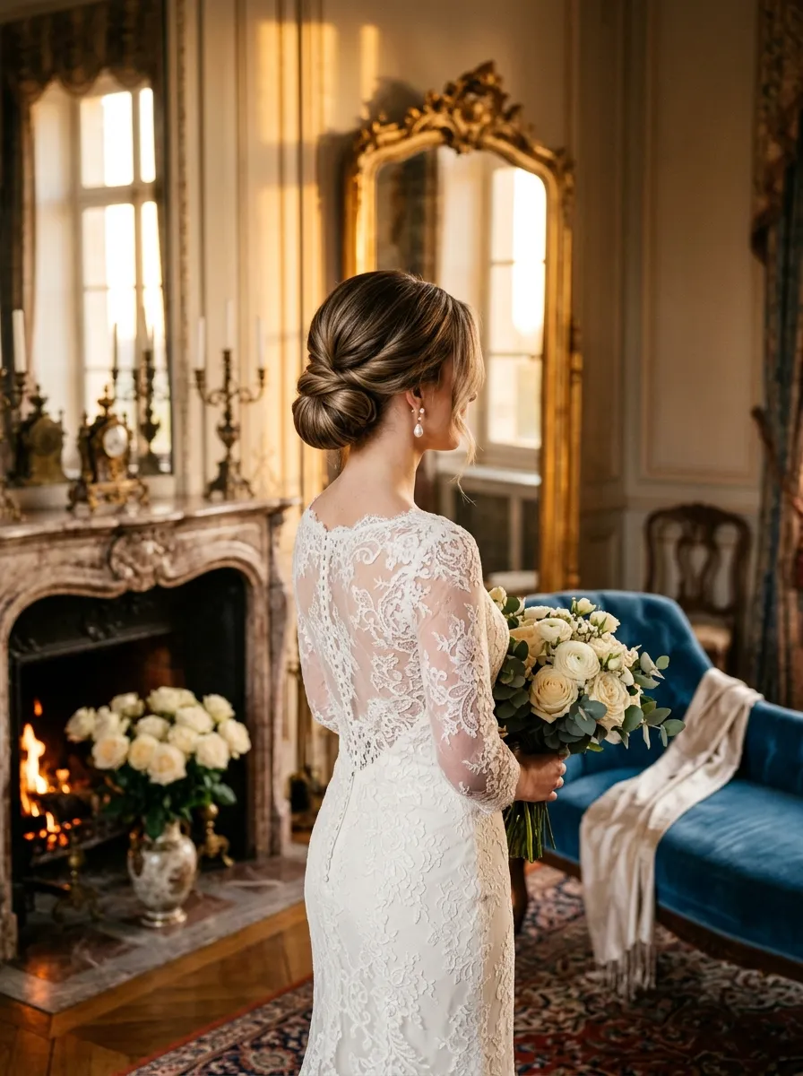 Medium Low Bun bridal hairstyle idea for medium length wedding hairstyles for any bride with elegant textured finish