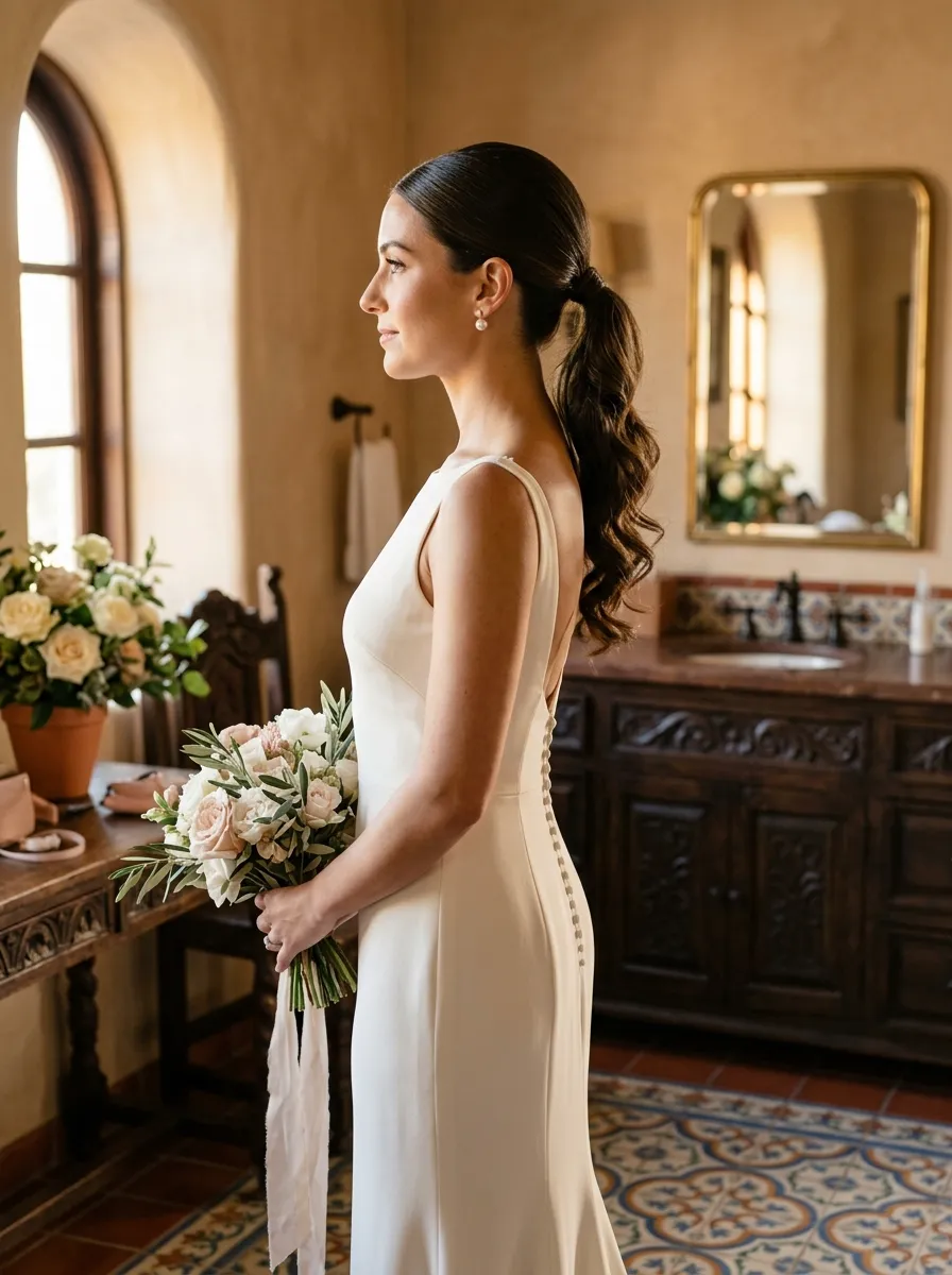 Medium Ponytail Style bridal hairstyle idea for medium length wedding hairstyles for any bride with elegant textured finish