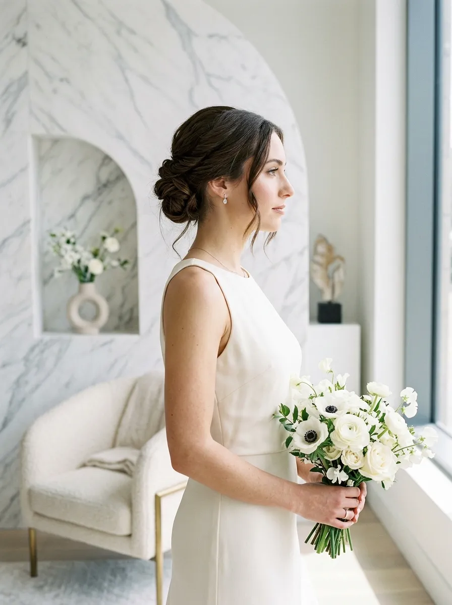 Medium Twist Updo bridal hairstyle idea for medium length wedding hairstyles for any bride with elegant textured finish