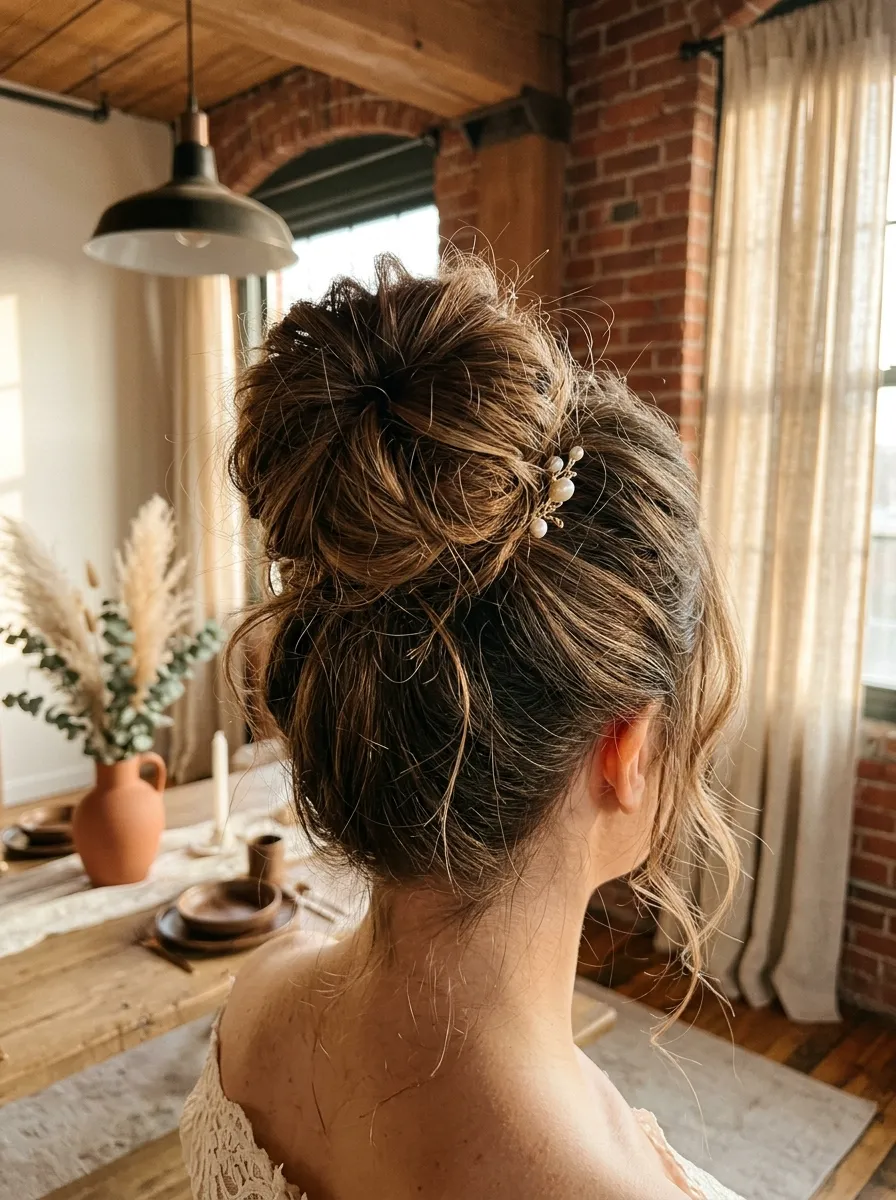 Messy High Bun bridal hairstyle idea for modern wedding hairstyles every bride will love with elegant textured finish