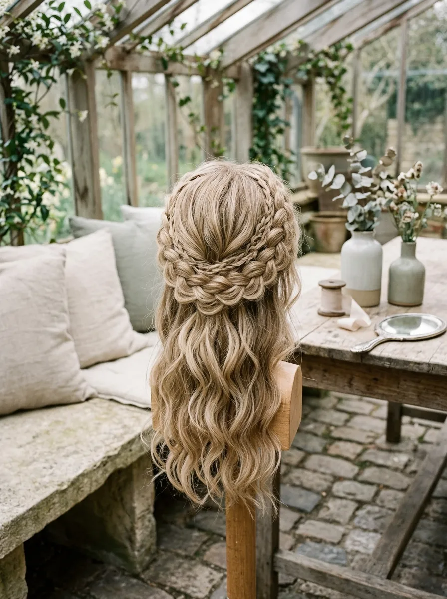 Natural Wave Braid Crown bridal hairstyle idea for natural wave wedding hairstyles for effortless glam with elegant textured finish