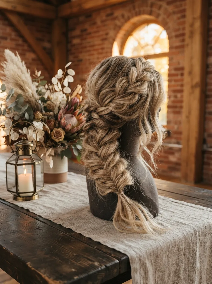 Natural Wave Fishtail bridal hairstyle idea for natural wave wedding hairstyles for effortless glam with elegant textured finish