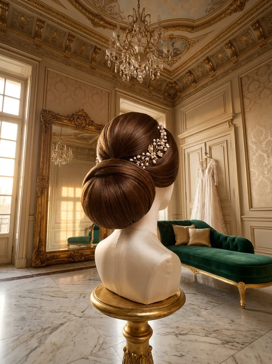 Oversized Sculptural Bun bridal hairstyle idea for bold wedding hairstyles for a truly confident bride with elegant textured finish