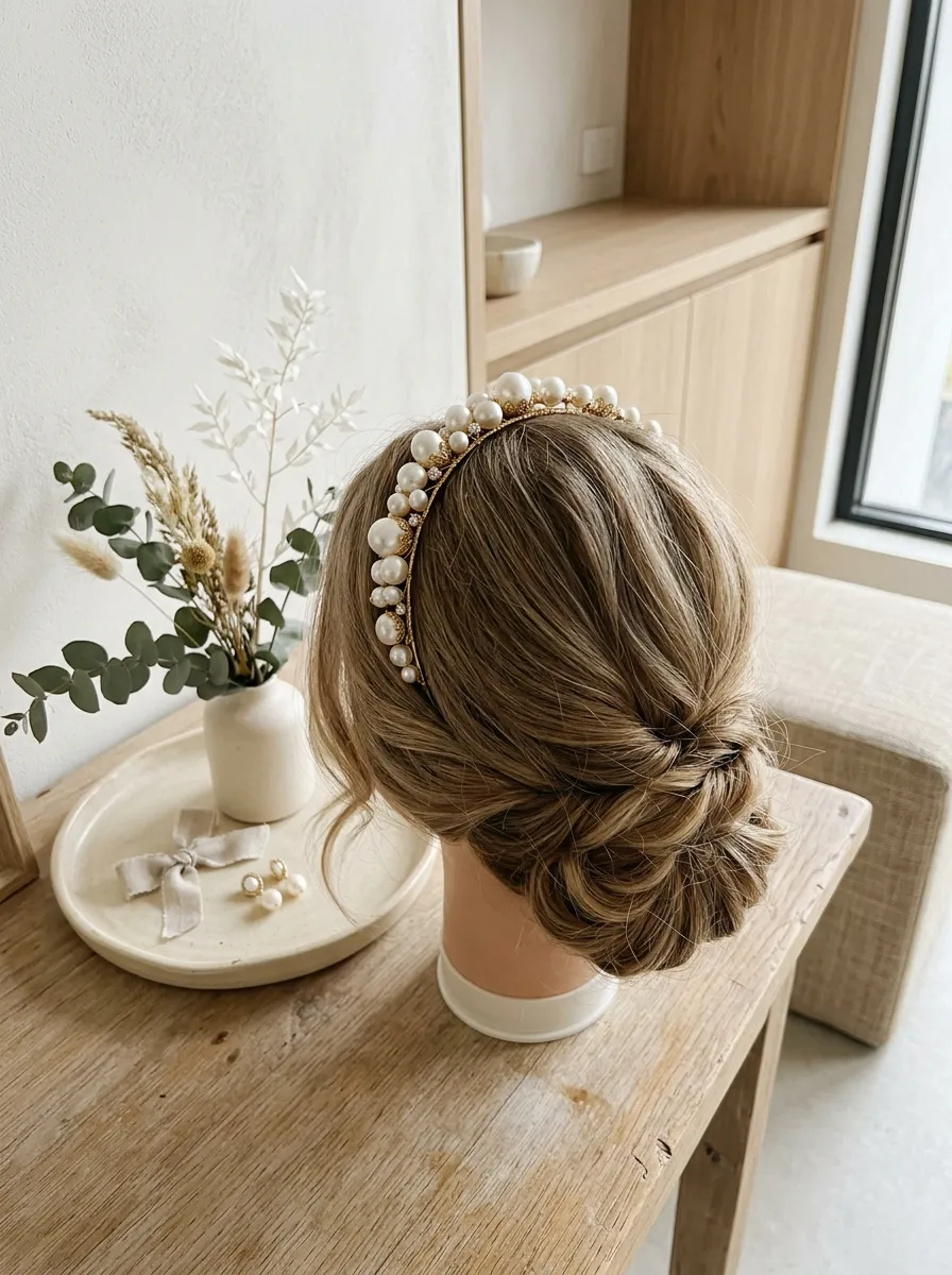 Pearl Headpiece Accent bridal hairstyle idea for first time bride hairstyles to nail your big day with elegant textured finish