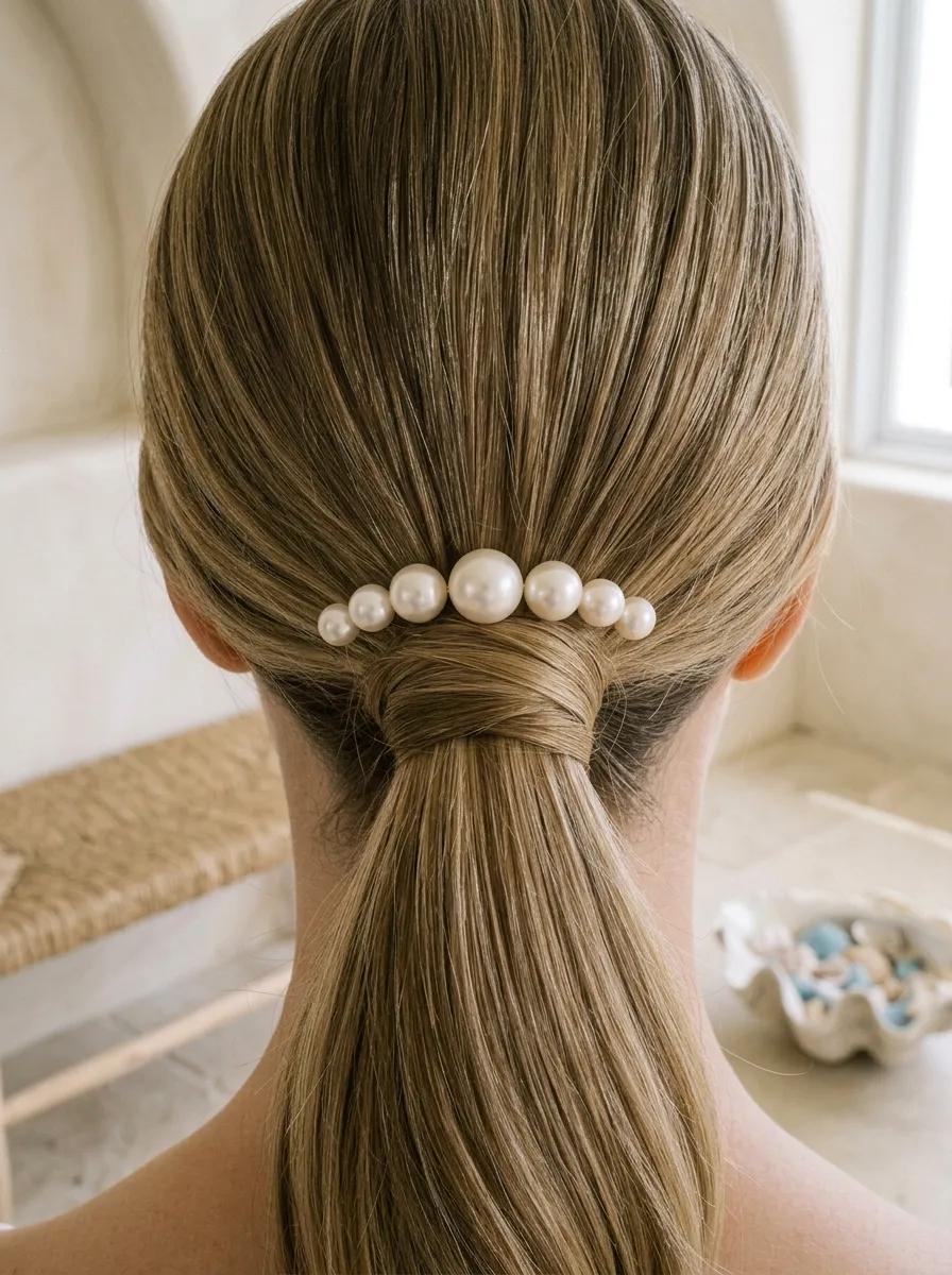 Pearl Pin Pony bridal hairstyle idea for sleek low ponytail wedding hairstyles to copy now with elegant textured finish