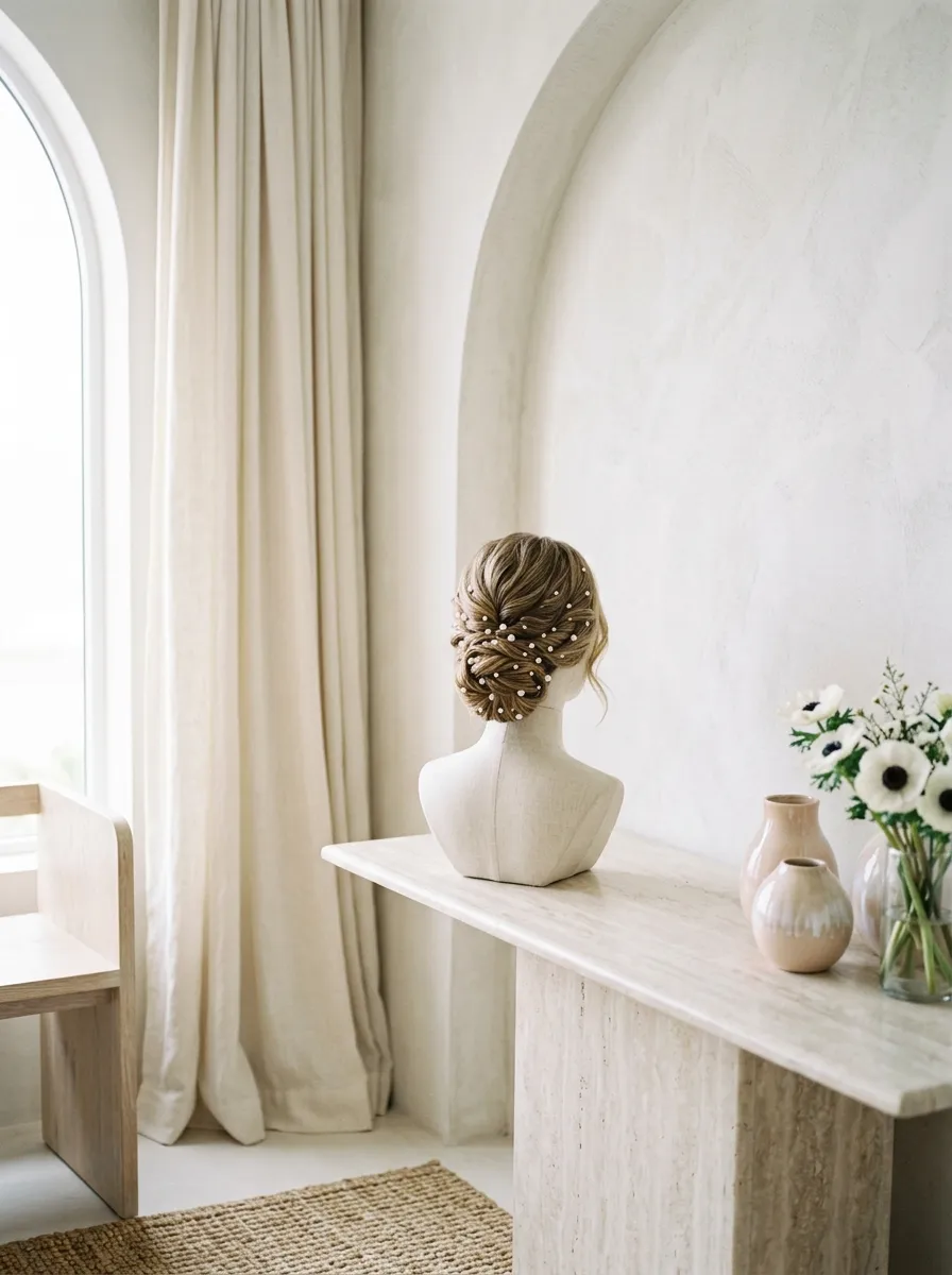 Pearl Studded Chignon bridal hairstyle idea for chignon wedding hairstyles for a classic bride look with elegant textured finish