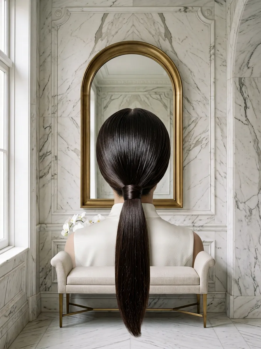 Polished Pony Finish bridal hairstyle idea for sleek low ponytail wedding hairstyles to copy now with elegant textured finish