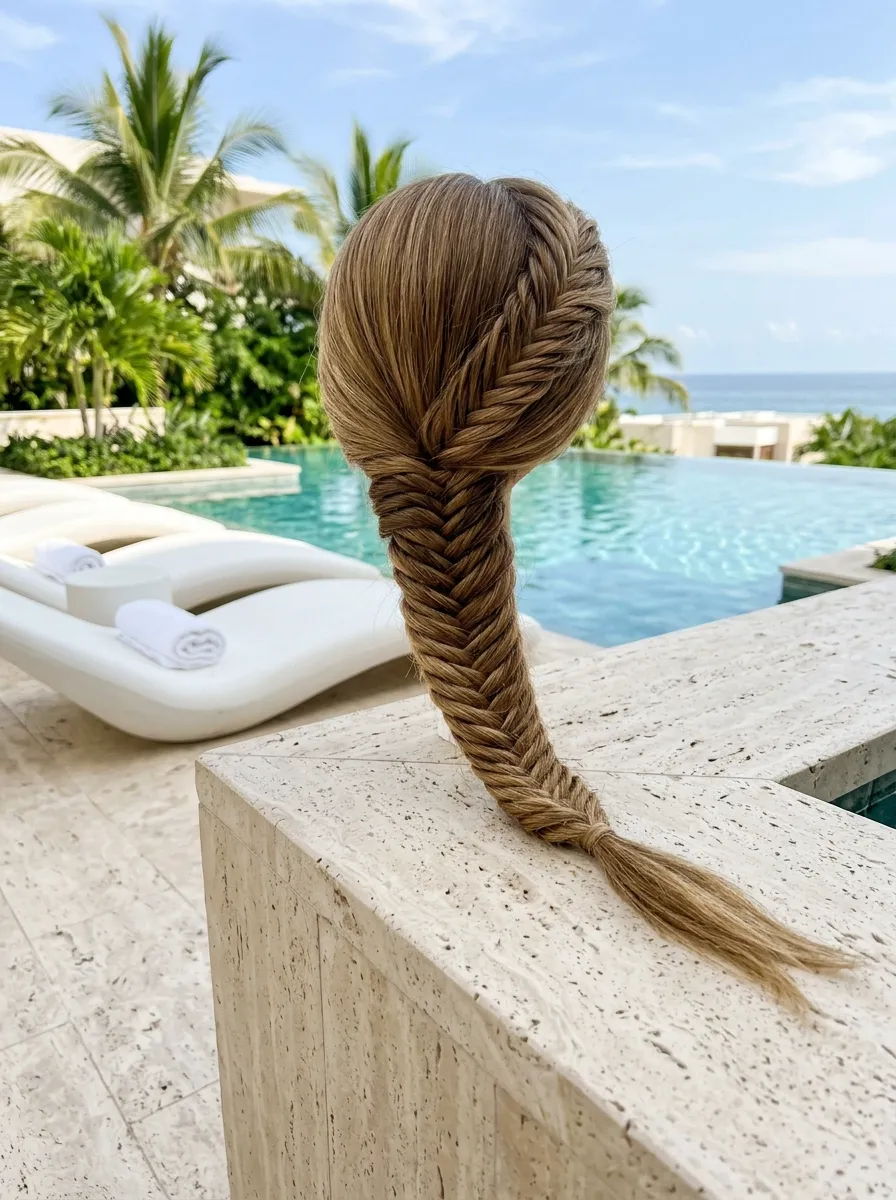 Poolside Braid Style bridal hairstyle idea for destination wedding hairstyles that beat the heat with elegant textured finish