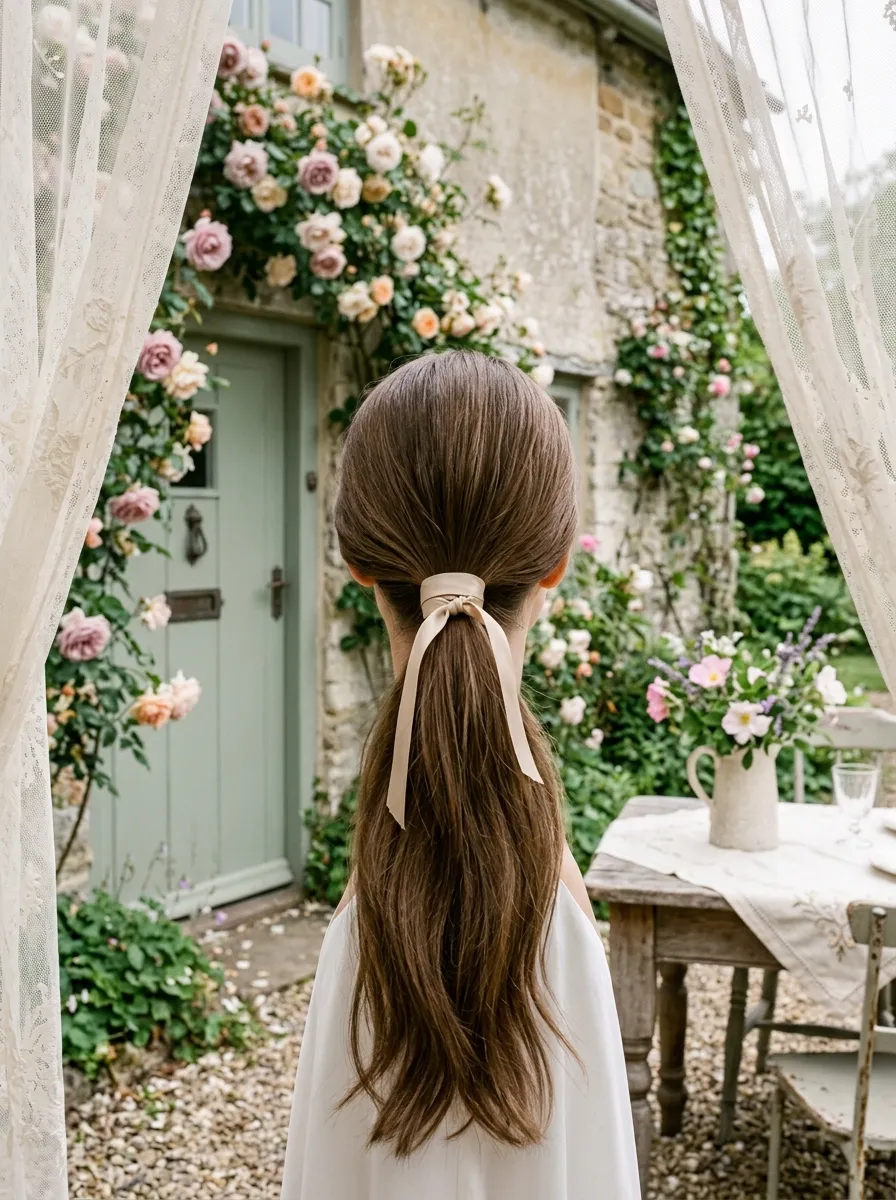 Ribbon Tied Pony bridal hairstyle idea for sleek low ponytail wedding hairstyles to copy now with elegant textured finish