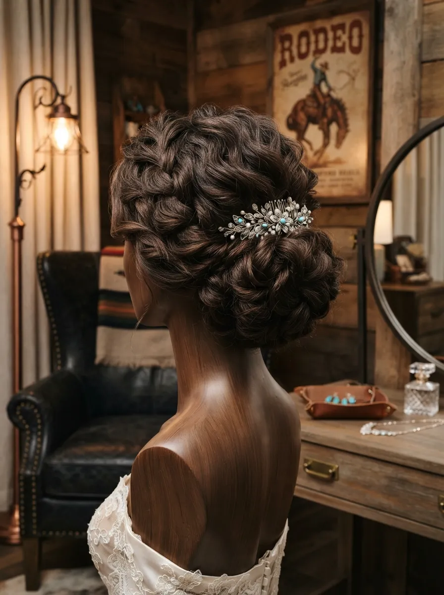 Rodeo Ready Updo bridal hairstyle idea for western wedding hairstyles for a rustic, chic bride with elegant textured finish