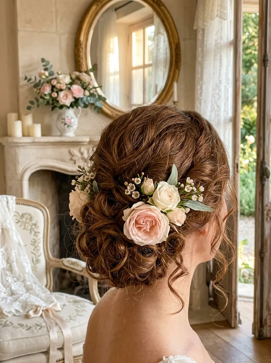 Rose Pinned Updo: Romantic updo bridal hairstyle idea for romantic updo wedding hairstyles for your big day with elegant textured finish