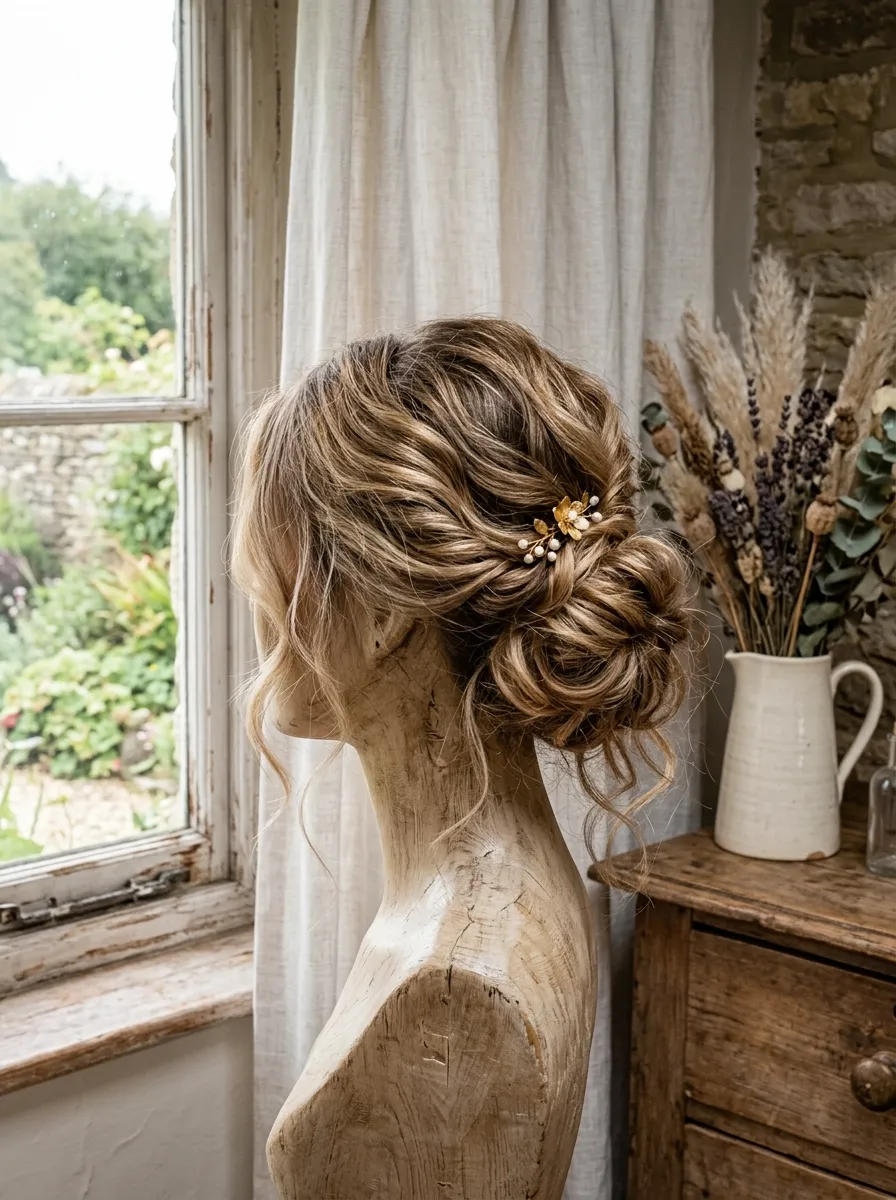 Rustic Loose Bun bridal hairstyle idea for western wedding hairstyles for a rustic, chic bride with elegant textured finish