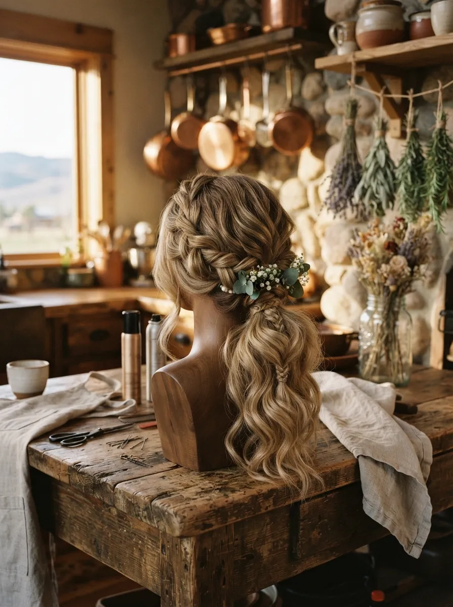 Rustic Twist Ponytail bridal hairstyle idea for western wedding hairstyles for a rustic, chic bride with elegant textured finish