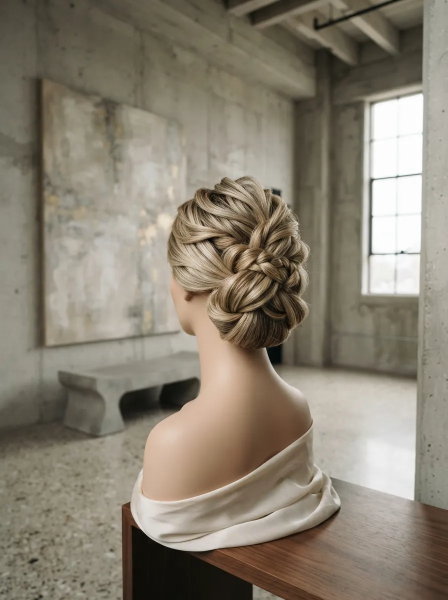 Sculptural Twist Knot bridal hairstyle idea for twisted wedding hairstyles that look high-end chic with elegant textured finish