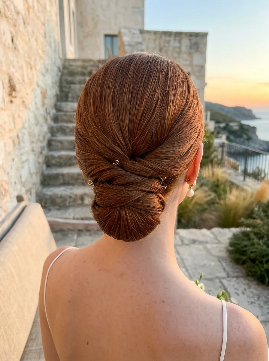 Seaside Low Twist bridal hairstyle idea for destination wedding hairstyles that beat the heat with elegant textured finish