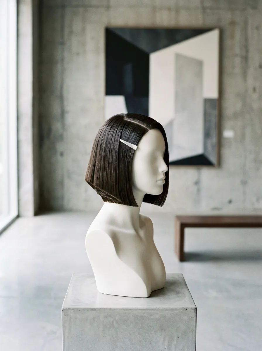 Sharp Geometric Bob bridal hairstyle idea for bold wedding hairstyles for a truly confident bride with elegant textured finish