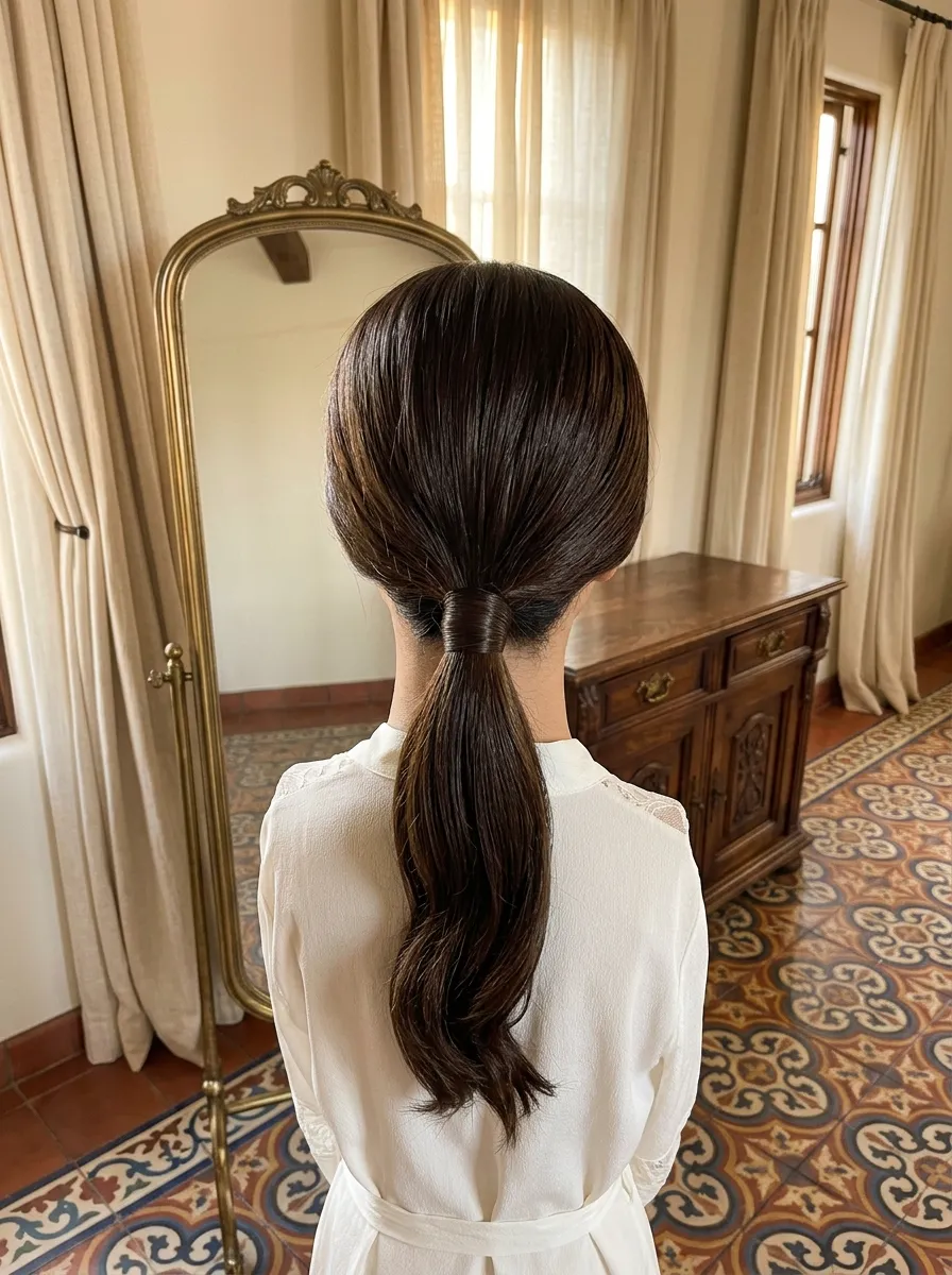 Side Parted Pony bridal hairstyle idea for sleek low ponytail wedding hairstyles to copy now with elegant textured finish