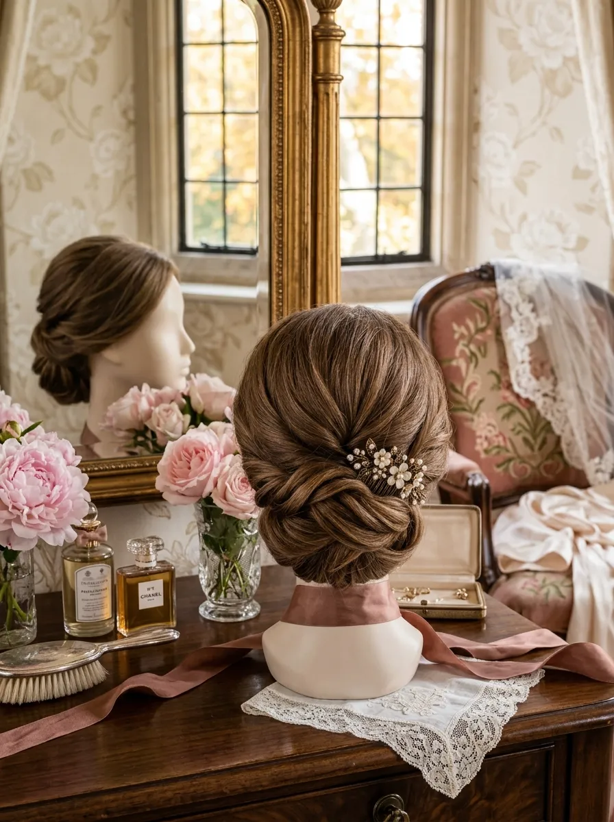 Side Placed Chignon bridal hairstyle idea for chignon wedding hairstyles for a classic bride look with elegant textured finish