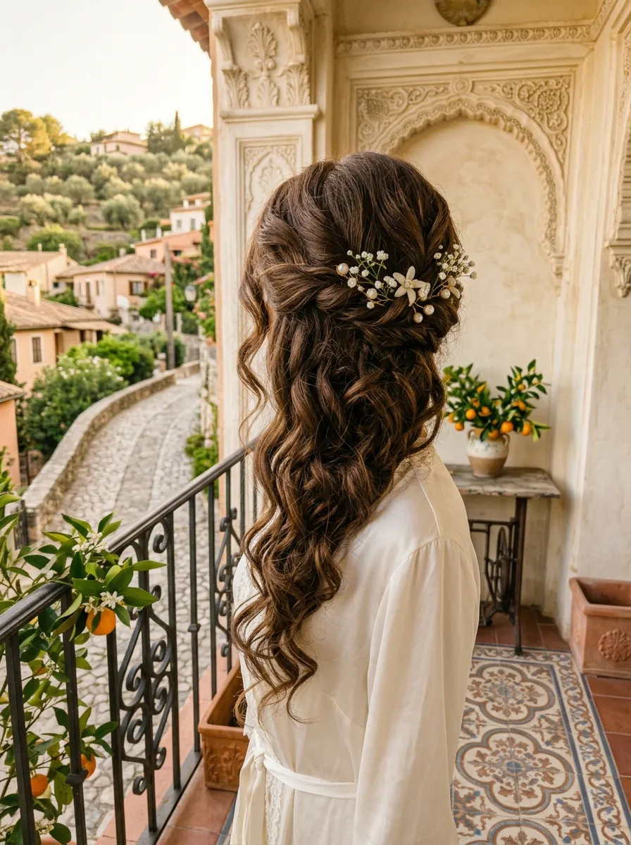 Side Swept Curls bridal hairstyle idea for long layered hair wedding hairstyles to try now with elegant textured finish