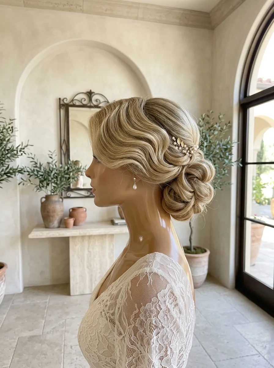 Side Swept Updo bridal hairstyle idea for wedding hairstyles for chubby face brides will love with elegant textured finish