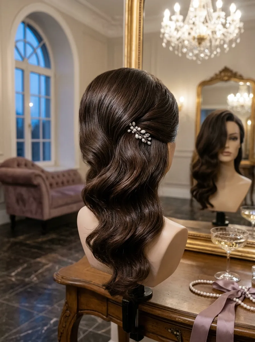 Side Swept Wave bridal hairstyle idea for fine hair wedding hairstyles that add volume fast with elegant textured finish