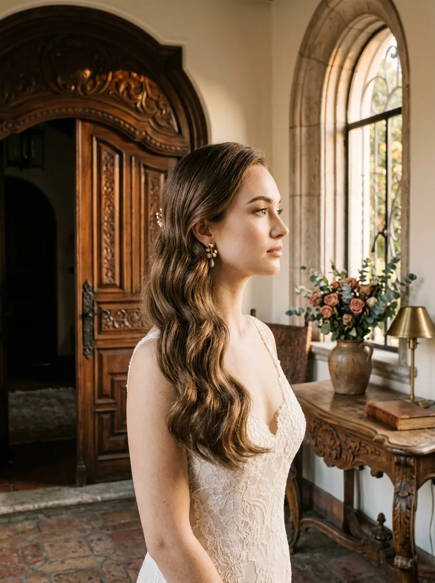 Side Swept Waves for Chubby Face bridal hairstyle idea for wedding hairstyles for chubby face brides will love with elegant textured finish