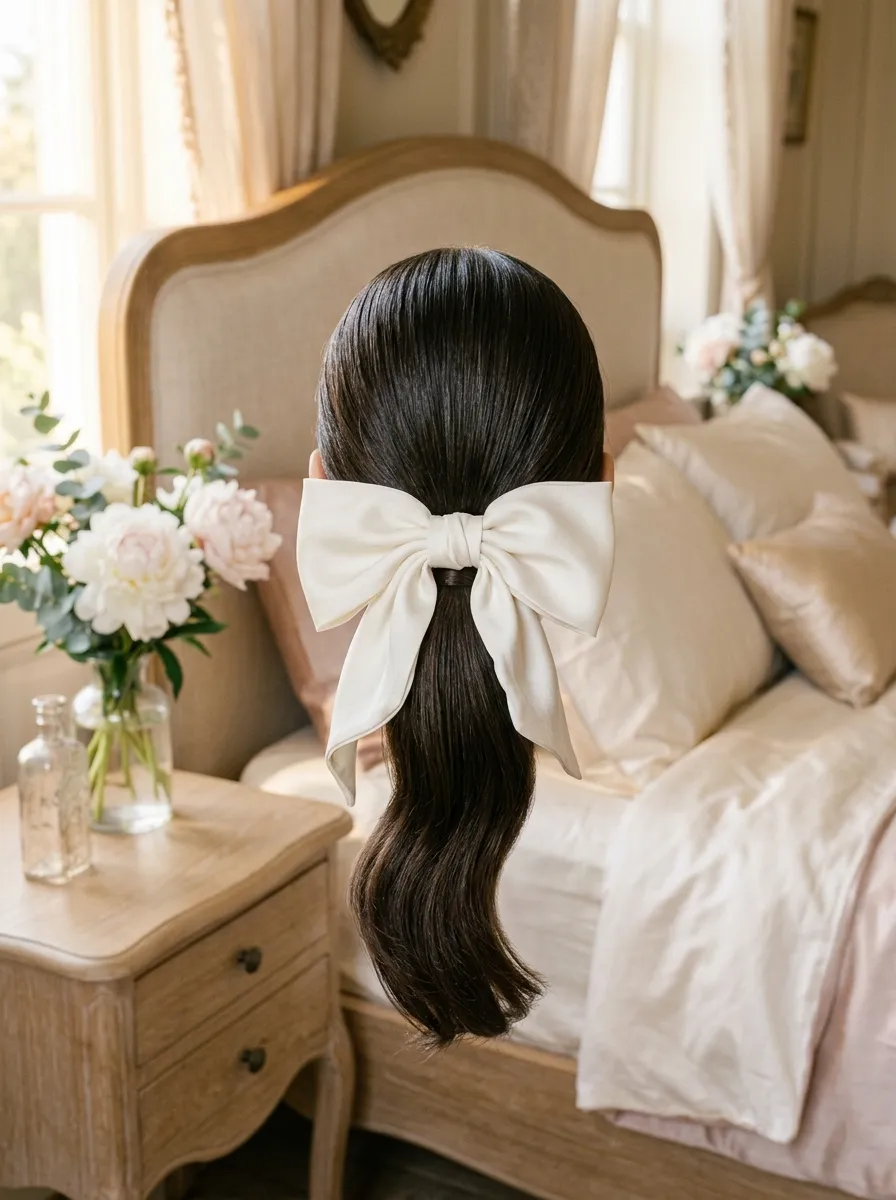 Silk Bow Pony bridal hairstyle idea for sleek low ponytail wedding hairstyles to copy now with elegant textured finish