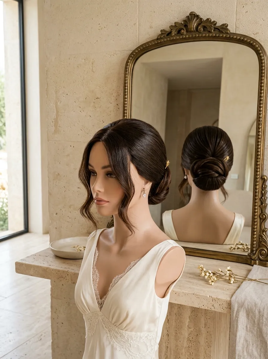 Sleek Bun Framing bridal hairstyle idea for soft glam wedding hairstyles for a radiant bride with elegant textured finish