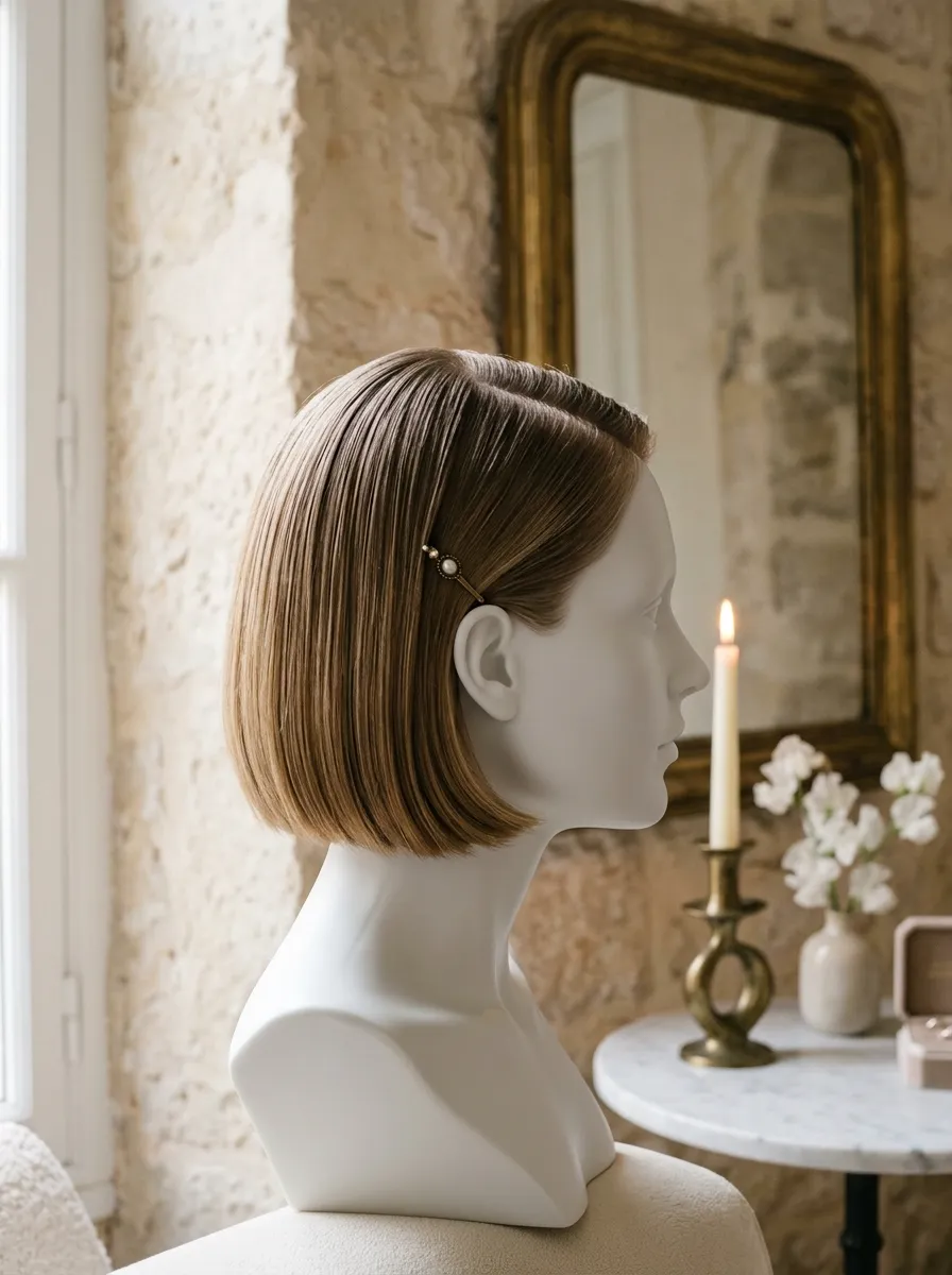 Sleek French Bob bridal hairstyle idea for modern wedding hairstyles every bride will love with elegant textured finish
