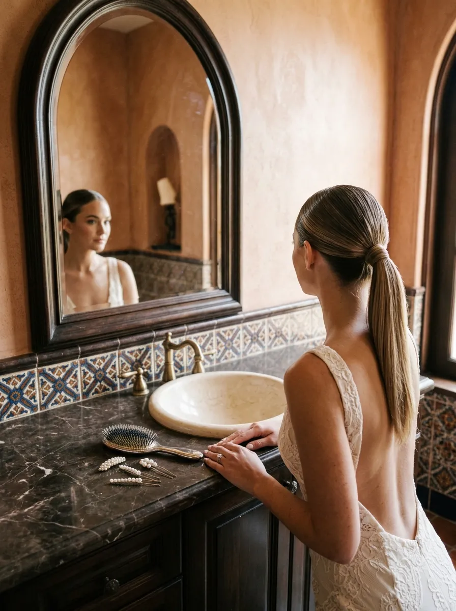 Slicked Back Ponytail bridal hairstyle idea for humid weather wedding hairstyles that never frizz with elegant textured finish