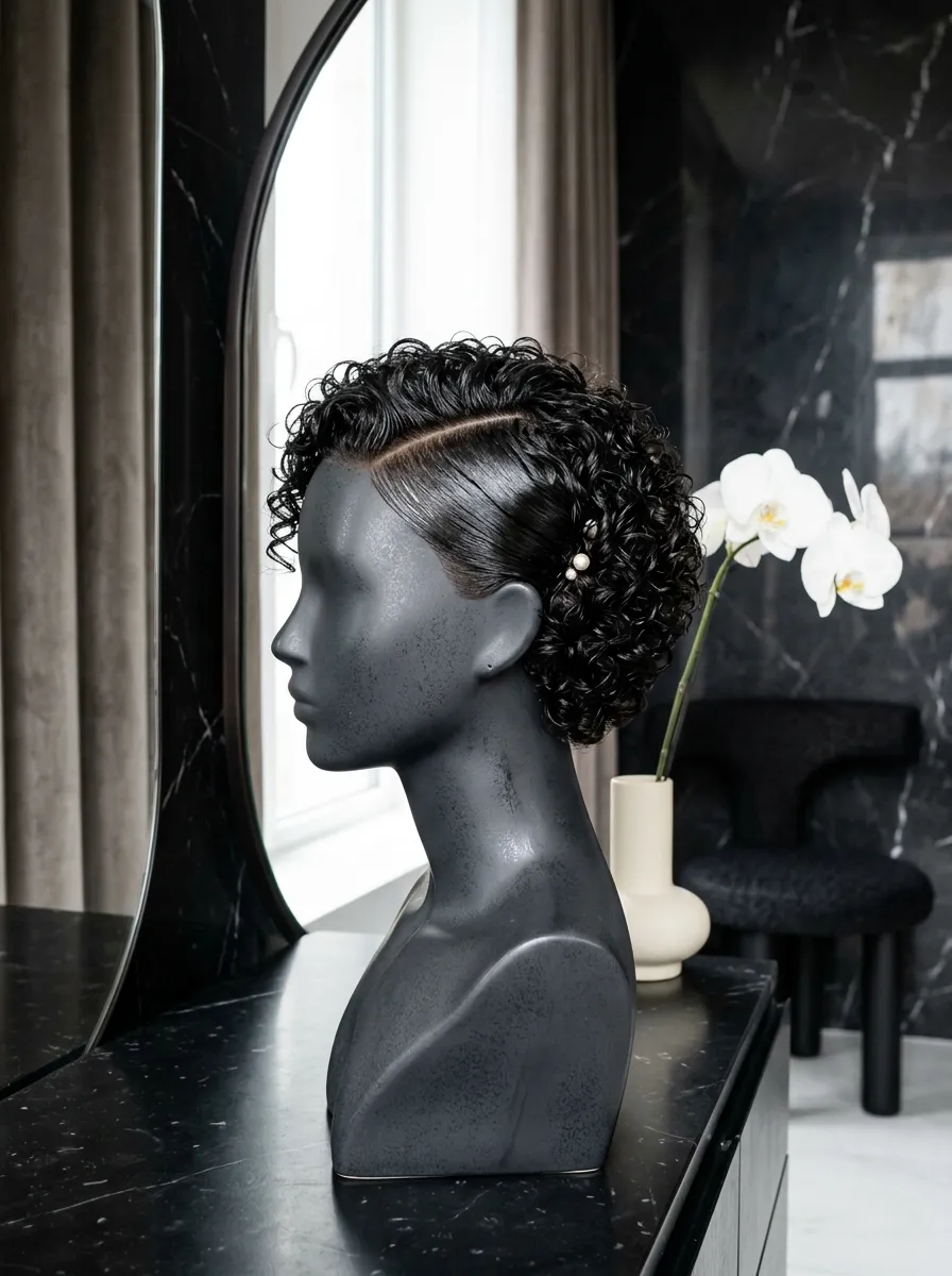 Slicked Side Part bridal hairstyle idea for short curly hair wedding hairstyles to copy now with elegant textured finish
