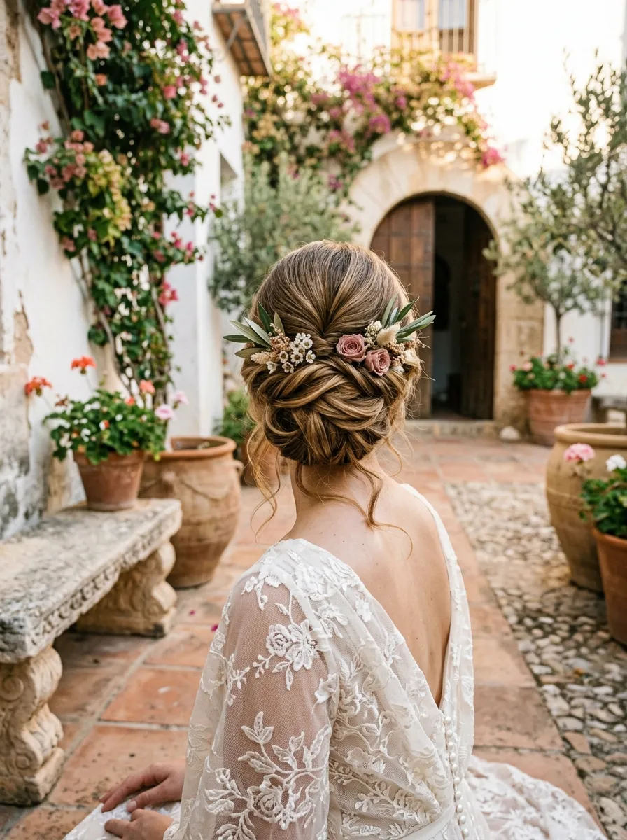 Softly Draped Updo bridal hairstyle idea for romantic updo wedding hairstyles for your big day with elegant textured finish