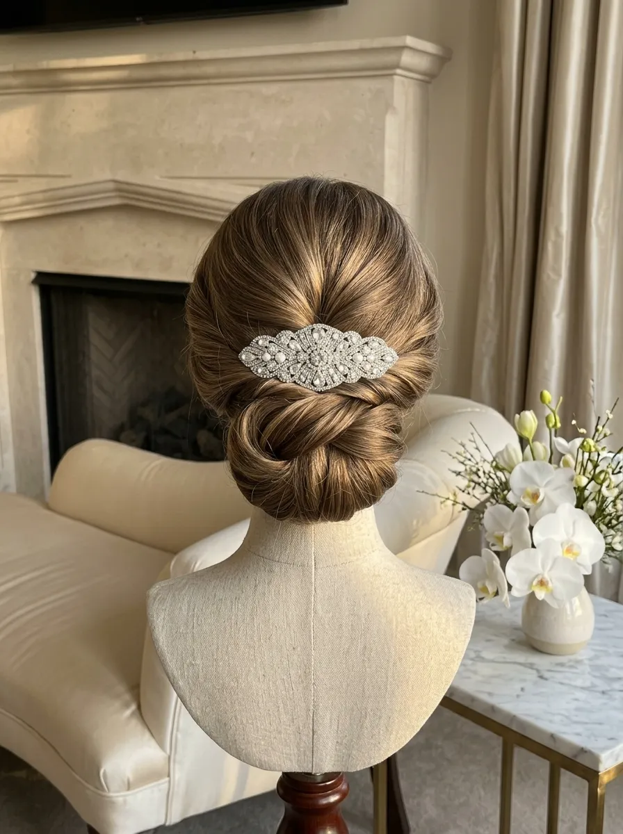 Sparkle Comb Updo bridal hairstyle idea for reception wedding hairstyles to dance the night away with elegant textured finish