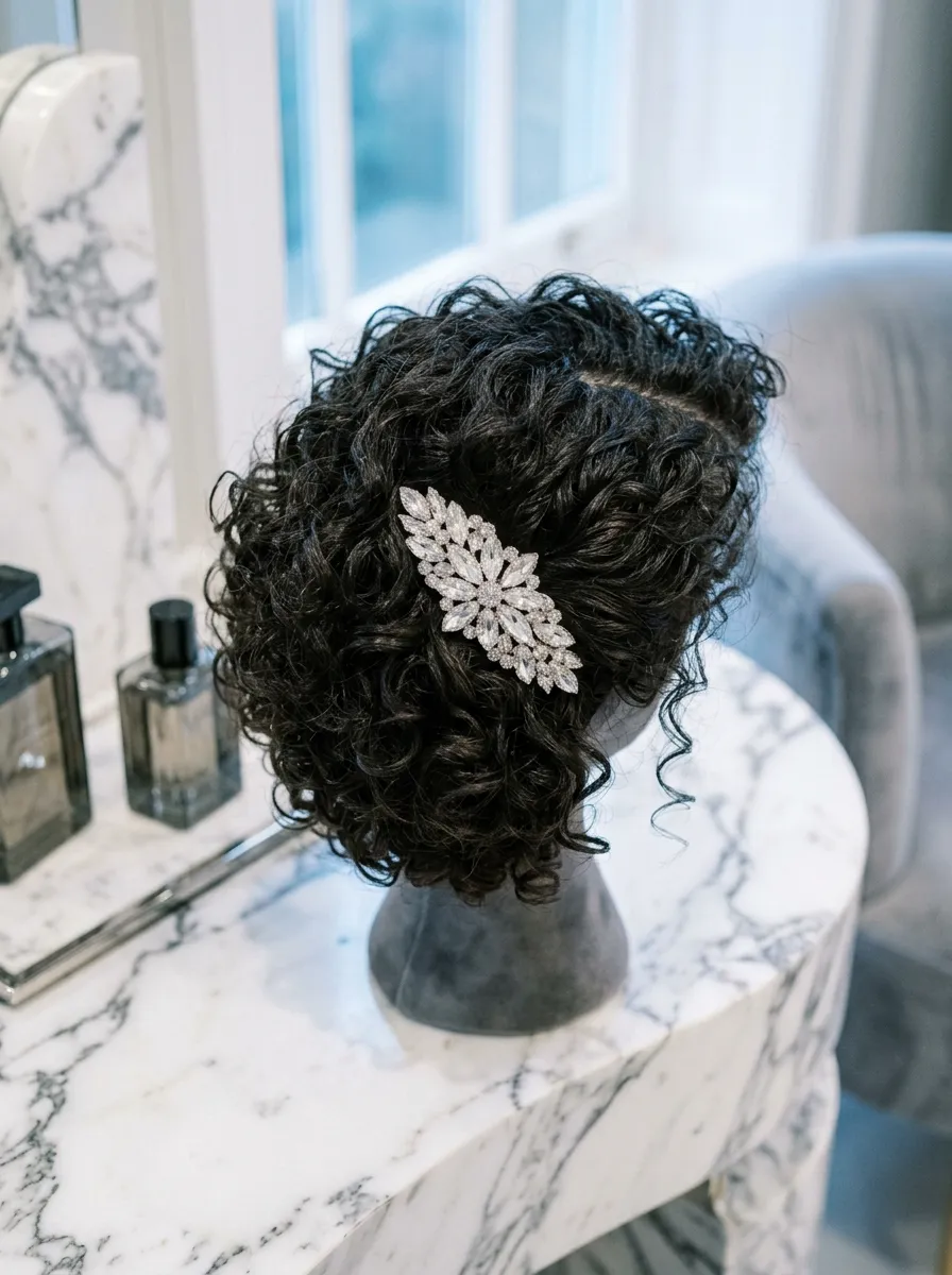 Sparkling Clip Accent for Short Curly Hair bridal hairstyle idea for short curly hair wedding hairstyles to copy now with elegant textured finish